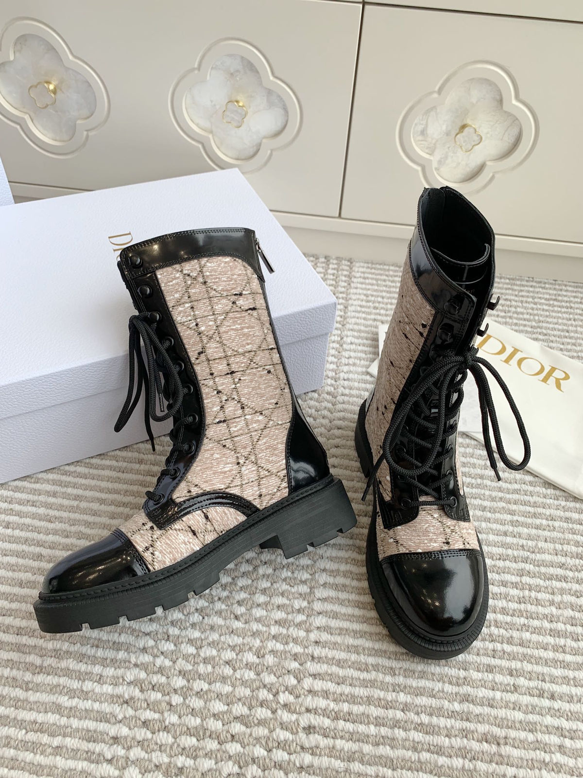 CD D-Unit Ankle Boot In Beige Mix Black Tweed Fabric And Glossy Cowhide 105088