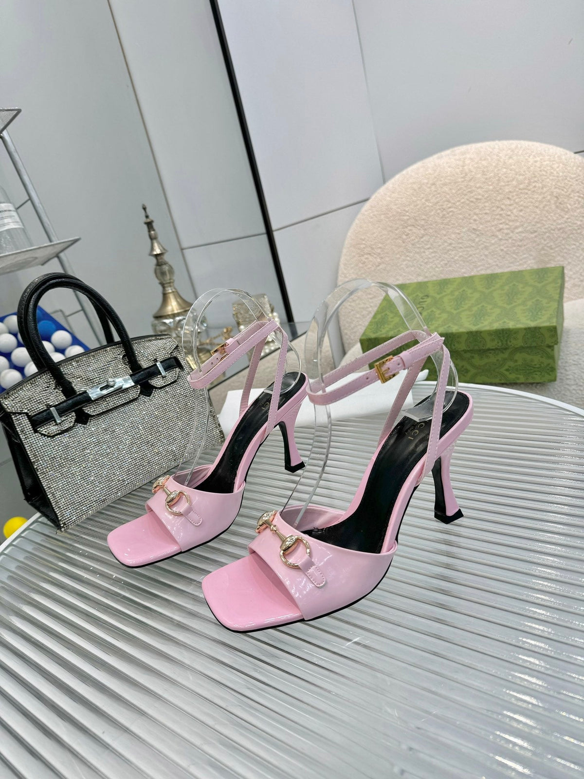 GG Gold Buckle Sandal 80mm Light Pink Patent Leather 457556