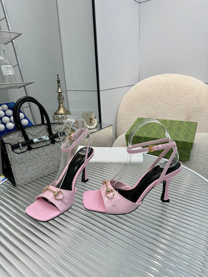 GG Gold Buckle Sandal 80mm Light Pink Patent Leather 457556