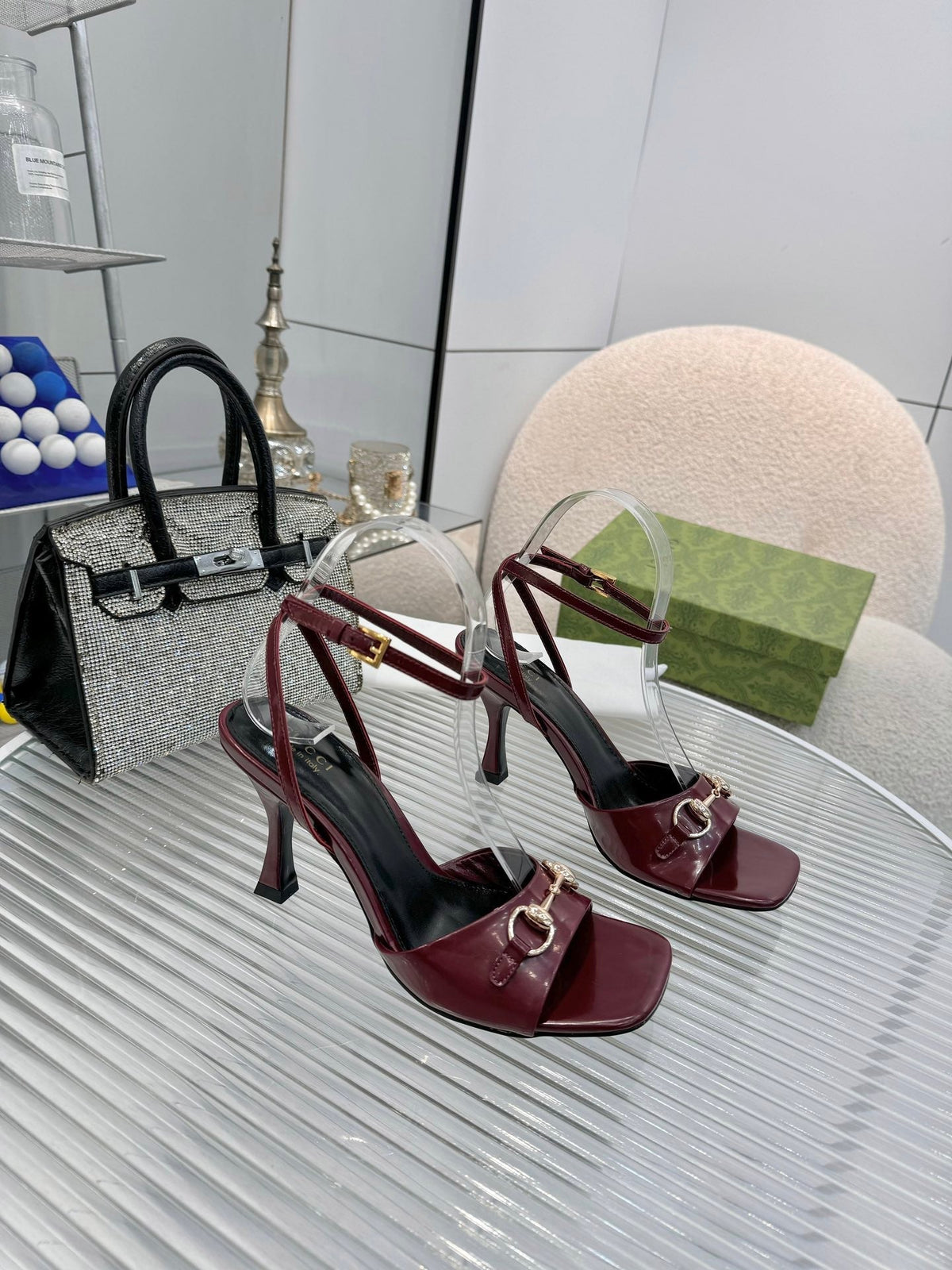 GG Gold Buckle Sandal 80mm Burgundy Patent Leather 457560