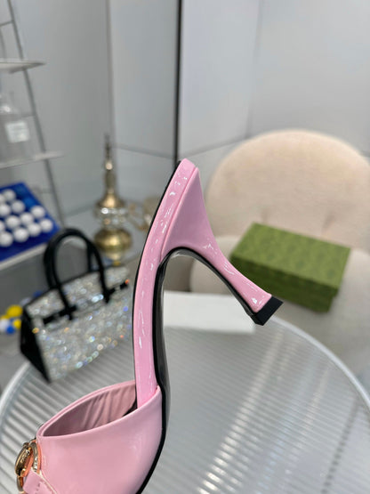 GG Gold Buckle Slide Sandal 80mm Light Pink Patent Leather 457563