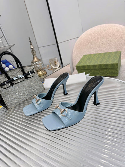 GG Gold Buckle Slide Sandal 80mm Blue-gray Patent Leather 457564