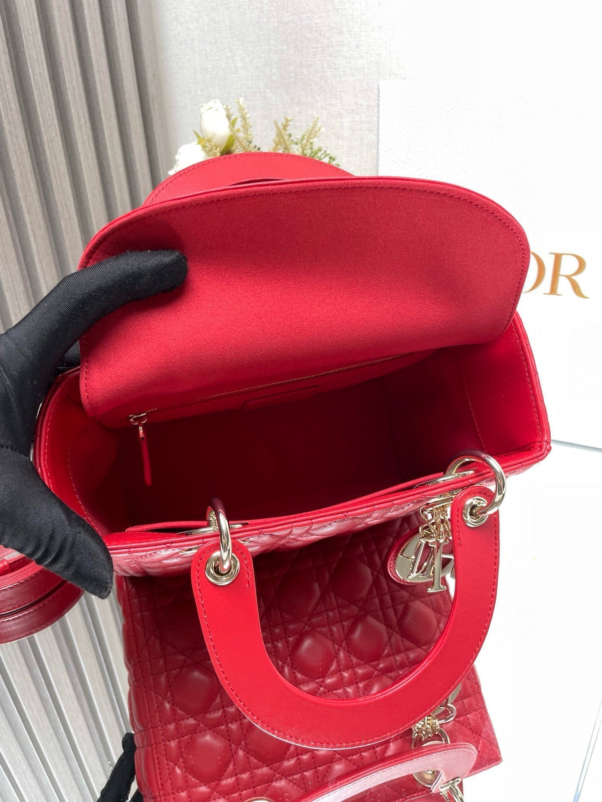 medium lady 24 red calfskin gold hardware