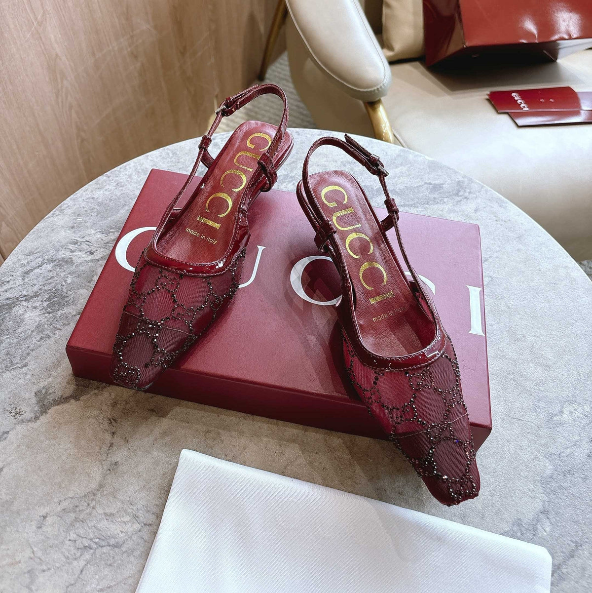 GG Crystal-Embellished Slingback Pumps Burgundy Mesh