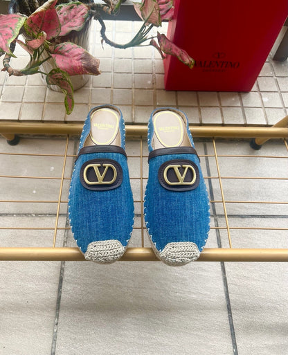 VLTN Garavani VLogo Espadrille Mules Blue Denim Knitted