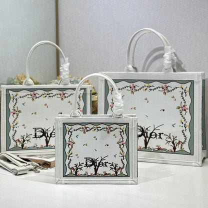 Dior 2026 Book Tote Bag With Multicolored White Revolution Flowers Embroidery Canvas