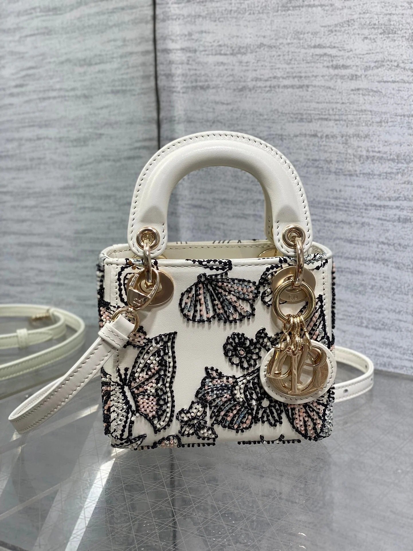 Dior 2026 Butterfly Embroidery Bag 12cm White Mix Color Leather 352067
