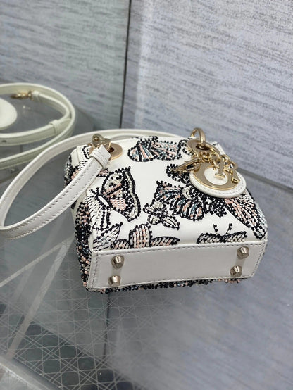 Dior 2026 Butterfly Embroidery Bag 12cm White Mix Color Leather 352067