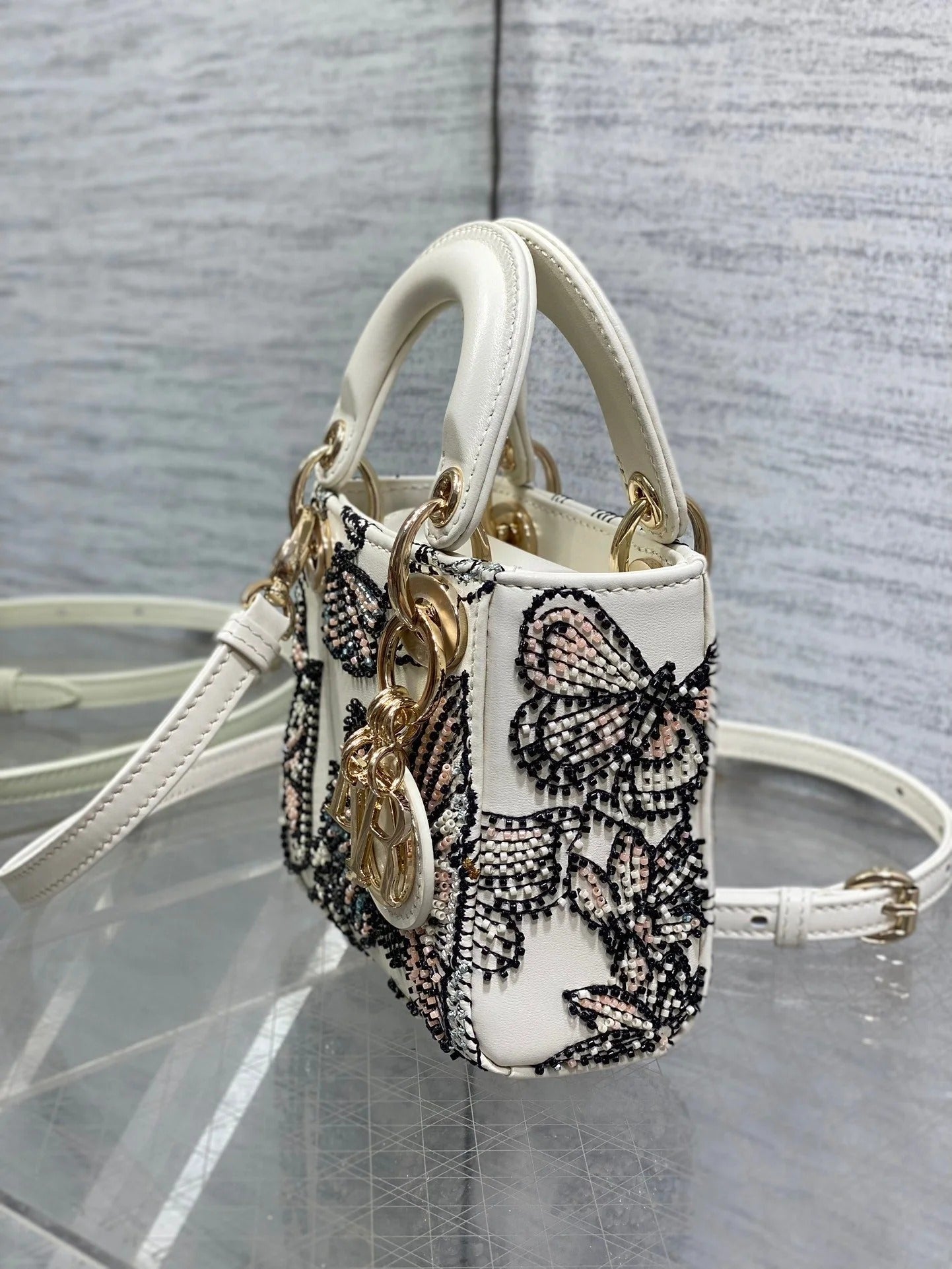 Dior 2026 Butterfly Embroidery Bag 12cm White Mix Color Leather 352067