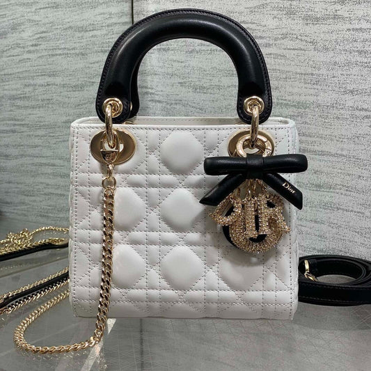 Dior 2026 Mini Lady Dior Bag White Black Lambskin 284137