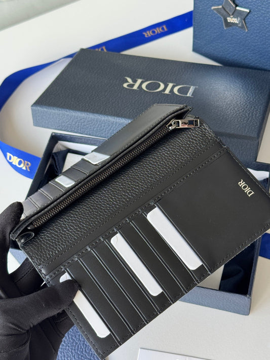CD Saddle Long Vertical Wallet Black Beige Cowhide & Jacquard