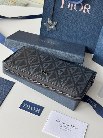 CD Diamond Zipped Long Wallet Black Blue Canvas & Cowhide