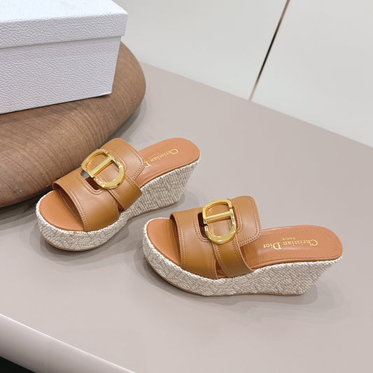 CD 30 Montaigne Wedge Slides 8cm Tan Calfskin 738318