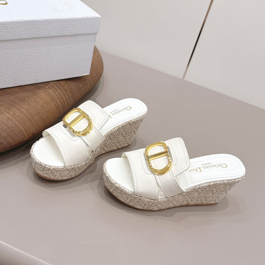 CD 30 Montaigne Wedge Slides 8cm White Calfskin 738320
