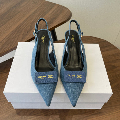 Celine 26  Pointed-Toe Slingback Blue Denim 624685