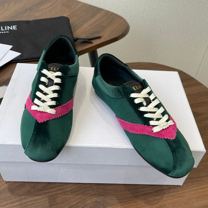 Celine 26 Flat Sneaker Dark Green Pink Canvas Suede 624715