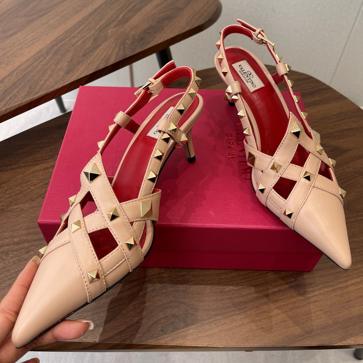 VT Studdy Pumps 65mm Beige Red Leather 624352