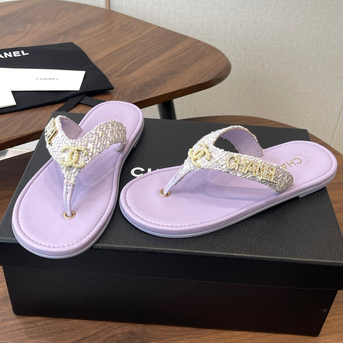 Chanel 2026 Thong Sandal Tweed Gold Logo Details 790366
