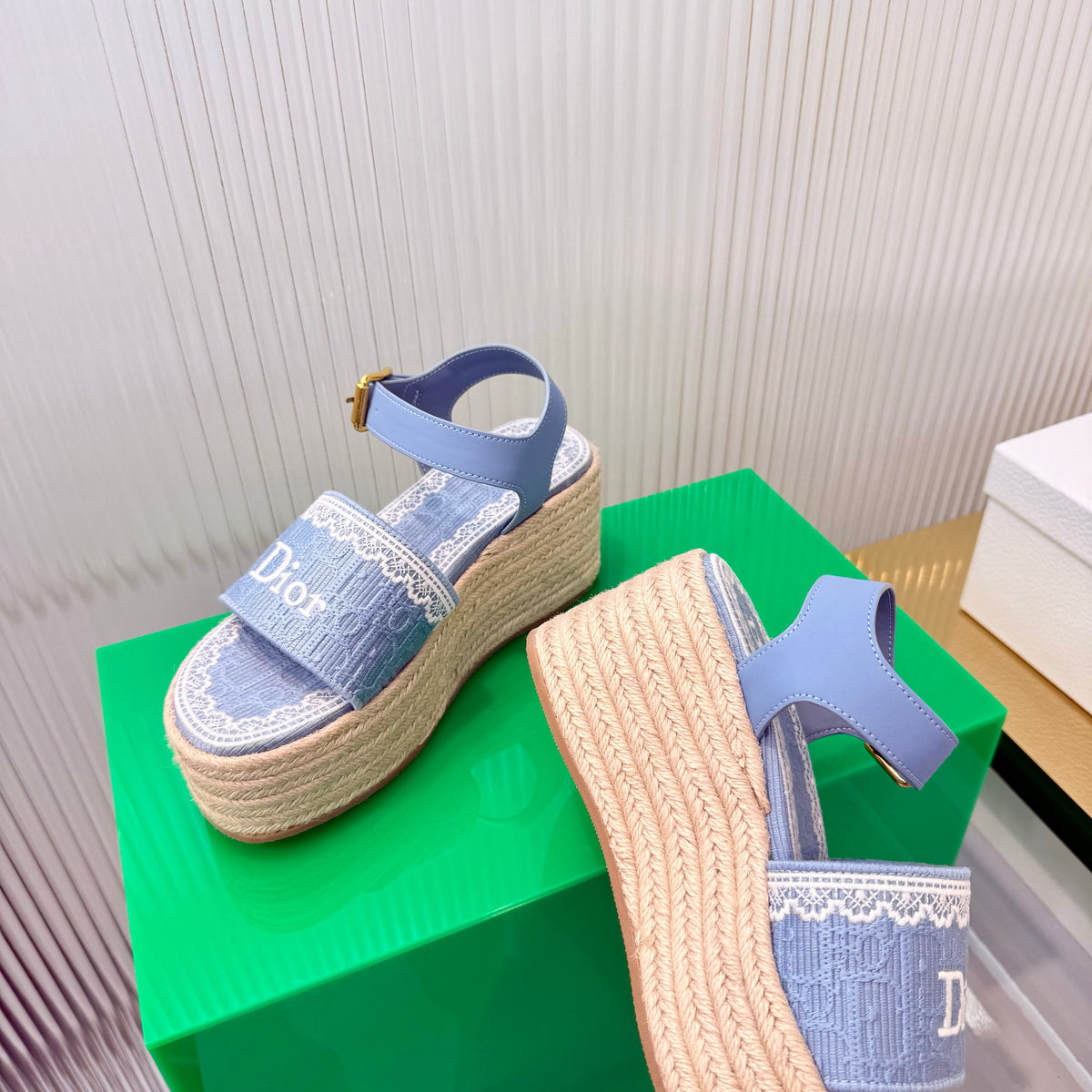 CD Dentelle Wedge Sandals Light Blue Cotton 832471