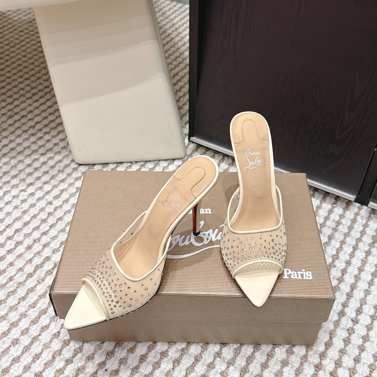 CL 26SS High-Heeled Slippers 100 Beige Mesh Rhinestone Leather 658055