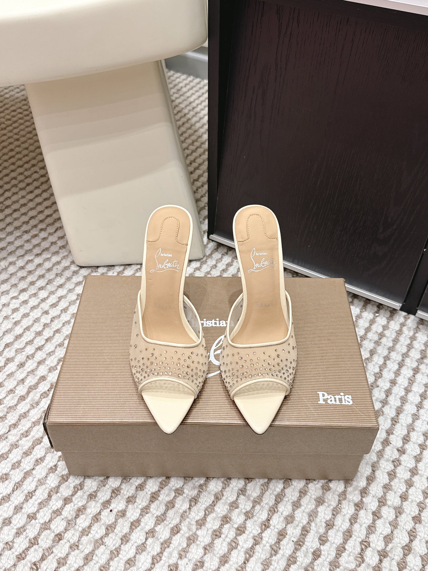 CL 26SS High-Heeled Slippers 100 Beige Mesh Rhinestone Leather 658055