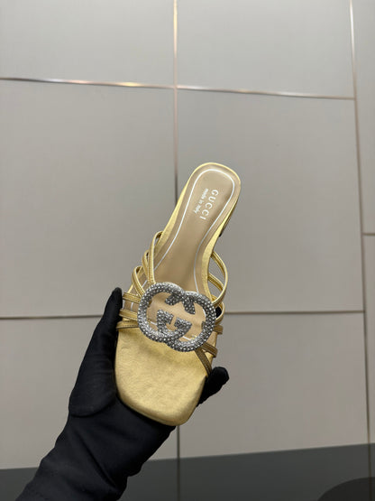 Women's Slide 25mm With Crystal Interlocking G Sliver Leather