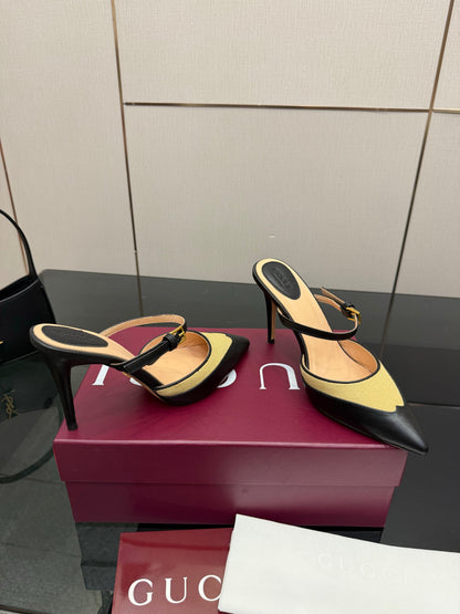 GG Pointed-Toe Mules 9.5cm Black Cowhide 725302