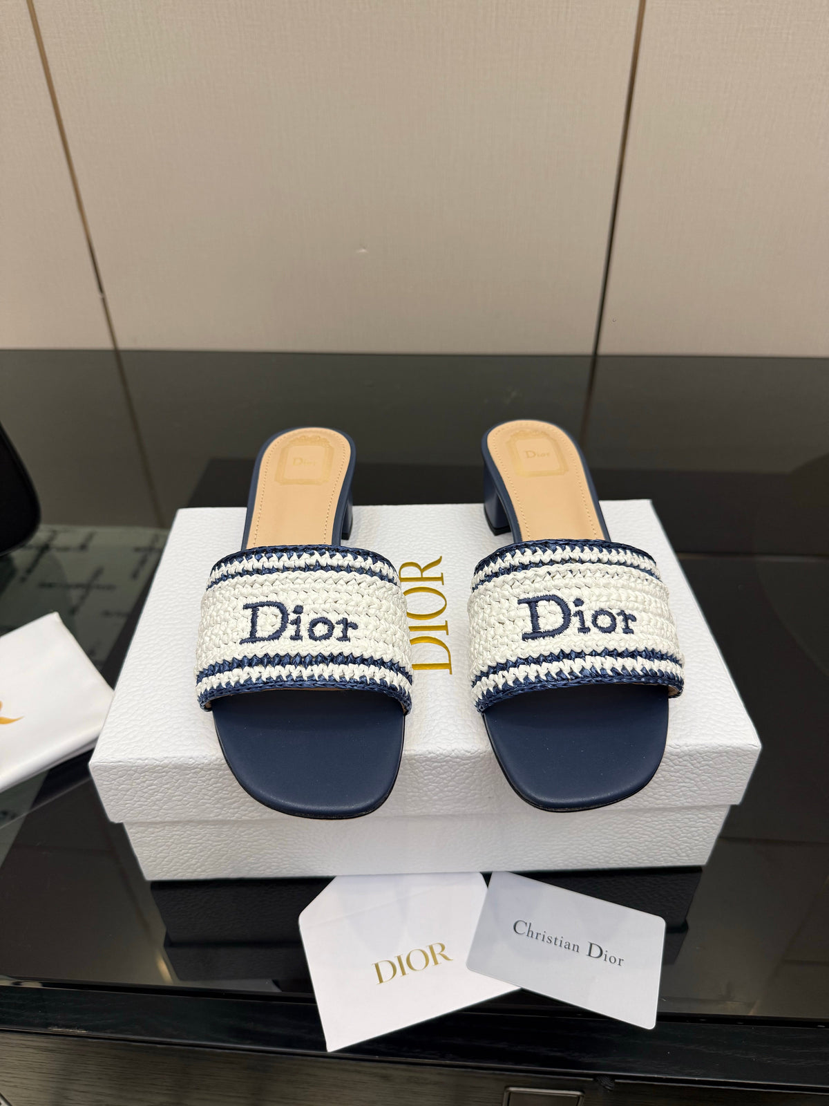 CD Dioriviera Woven Slides 4cm White Blue Fabric Goatskin 828261