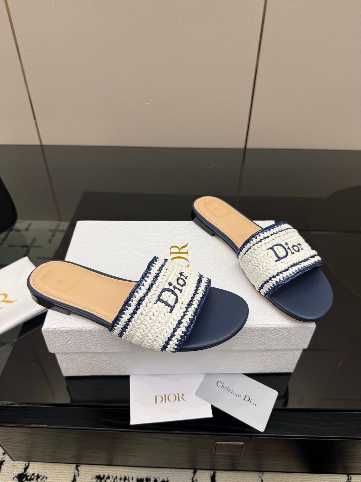CD Dioriviera Woven Slides White Blue Fabric Goatskin 828262