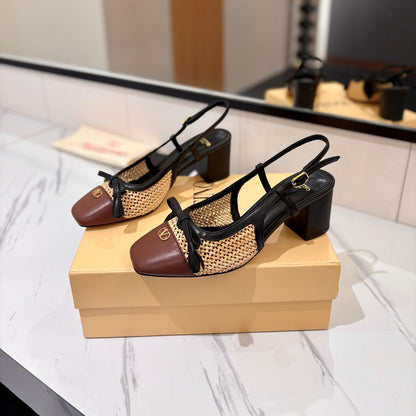 VT 26s Valet Du Roi Slingback 6cm Black Brown Raffia Leather 985452