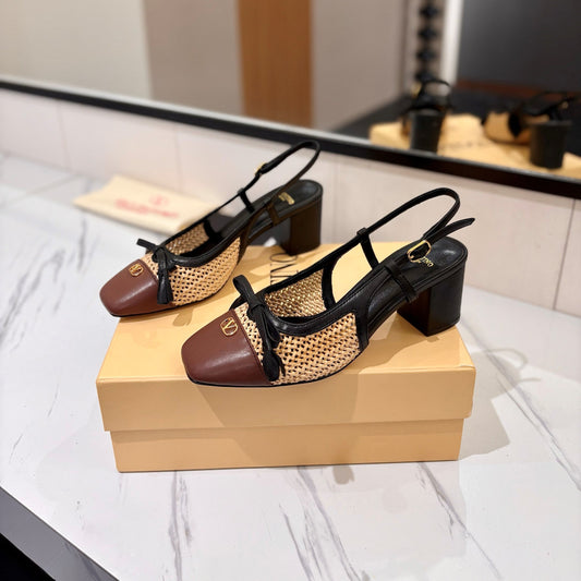 VT 26s Valet Du Roi Slingback 6cm Black Brown Raffia Leather 985452