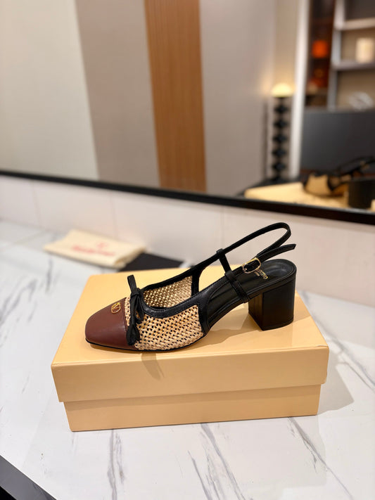 VT 26s Valet Du Roi Slingback 6cm Black Brown Raffia Leather 985452