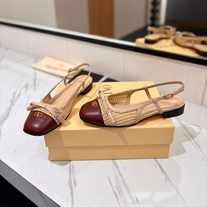 VT 26s Valet Du Roi Slingback Flats Beige Burgundy Raffia Leather 985453