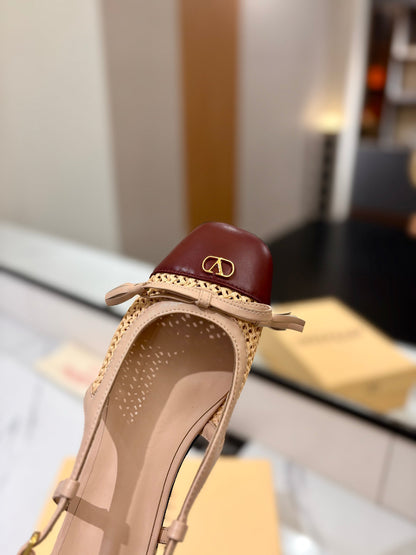 VT 26s Valet Du Roi Slingback Flats Beige Burgundy Raffia Leather 985453