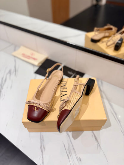 VT 26s Valet Du Roi Slingback Flats Beige Burgundy Raffia Leather 985453