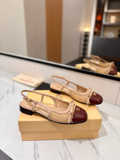 VT 26s Valet Du Roi Slingback Flats Beige Burgundy Raffia Leather 985453
