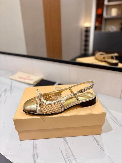 VT 26s Valet Du Roi Slingback Flats Gold Raffia Leather 985456