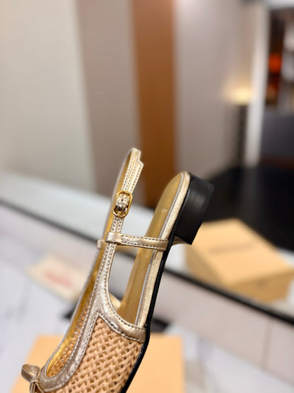 VT 26s Valet Du Roi Slingback Flats Gold Raffia Leather 985456