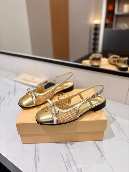 VT 26s Valet Du Roi Slingback Flats Gold Raffia Leather 985456