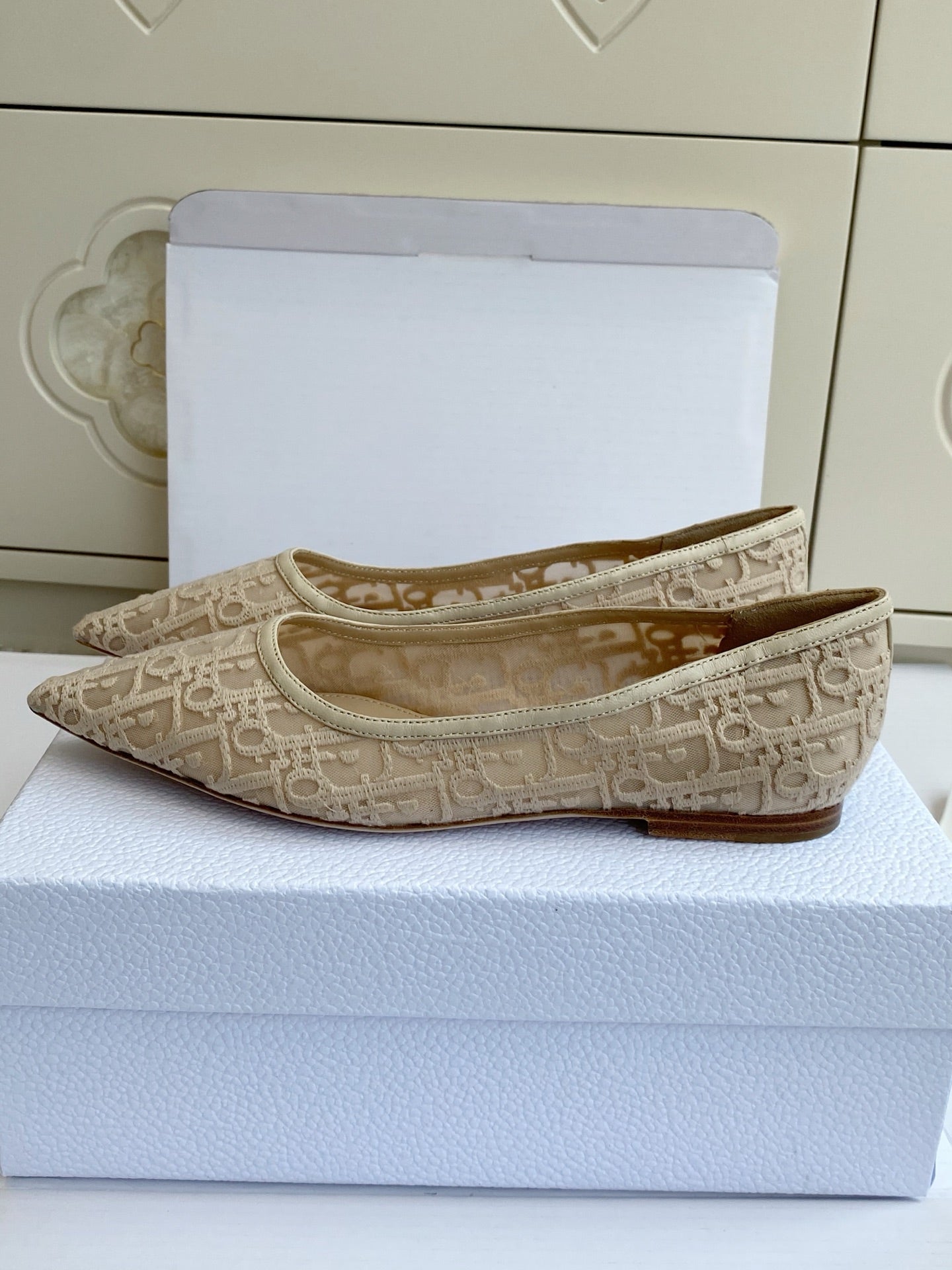 CD 26s Adioable Ballet Flat Monogram Beige Mesh Lambskin 909643