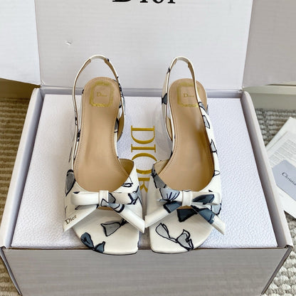 CD 26s Bow Kitten Heel Open Back Sandals White Blue Lambskin 909653