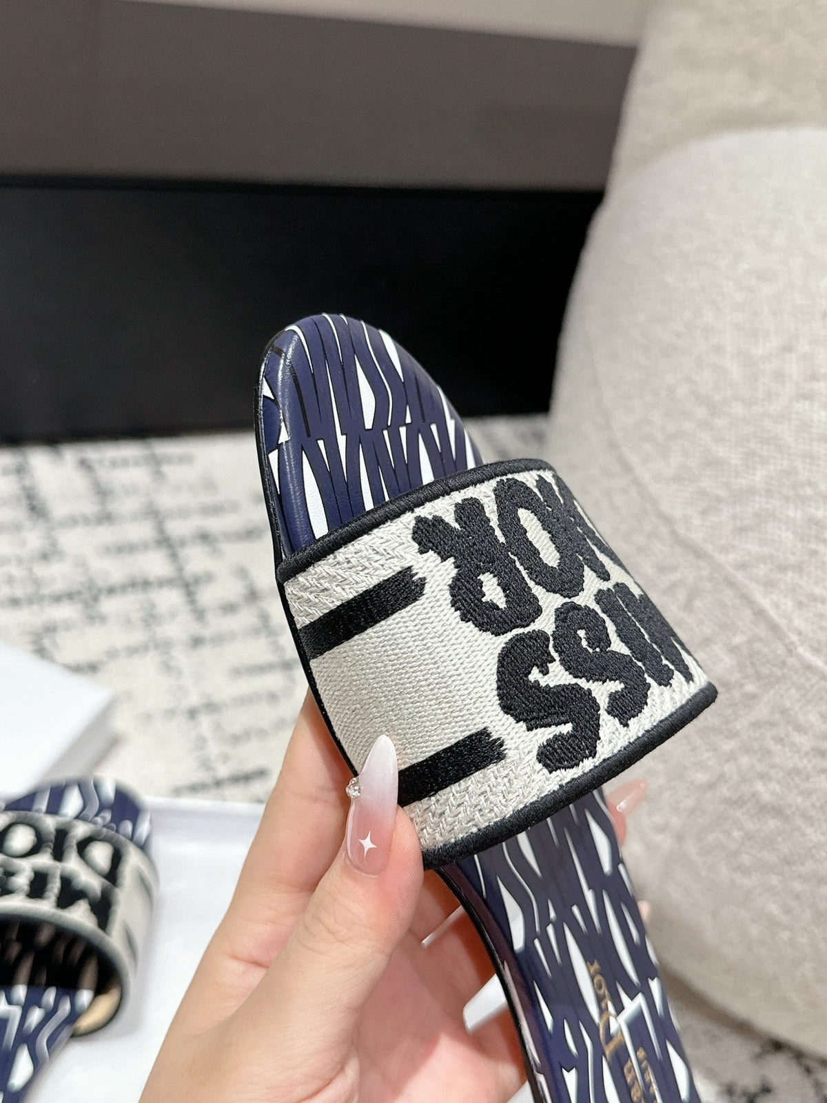 CD Dway Slide Deep Blue Mix White Black Embroidered Cotton