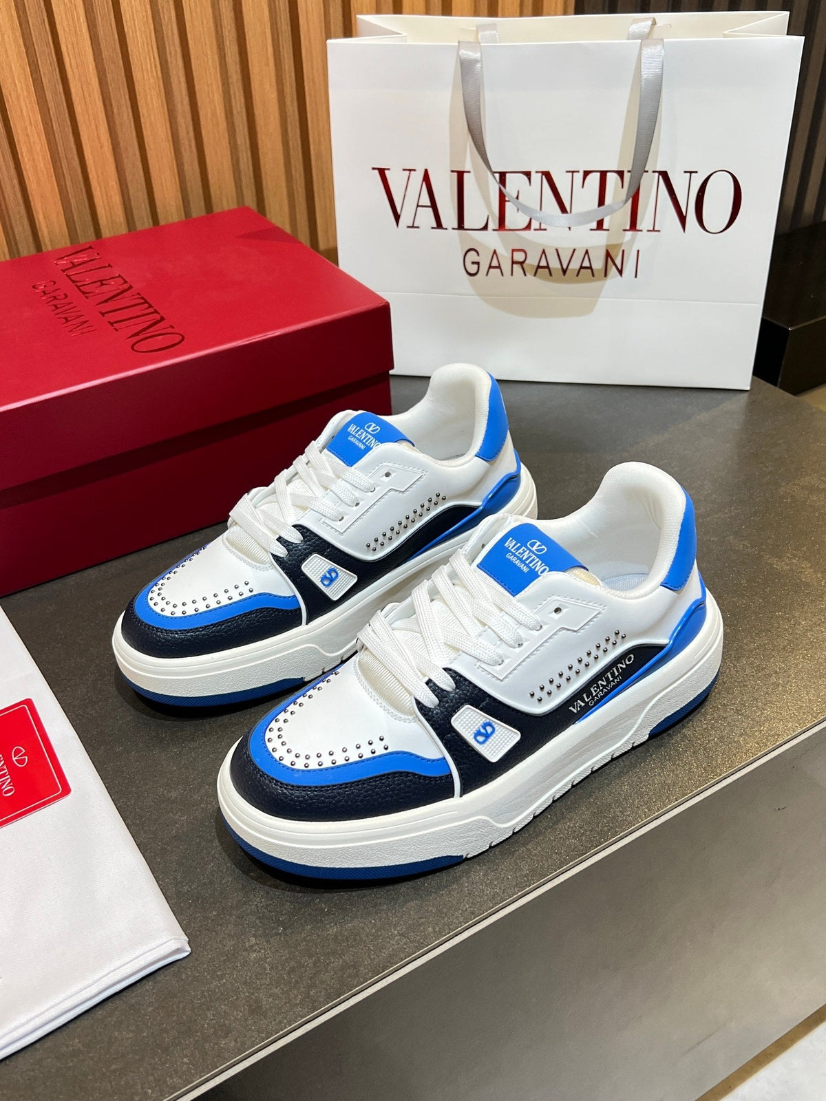 VT 26s Upvillage Trainers White Blue Black Leather Studded 105516