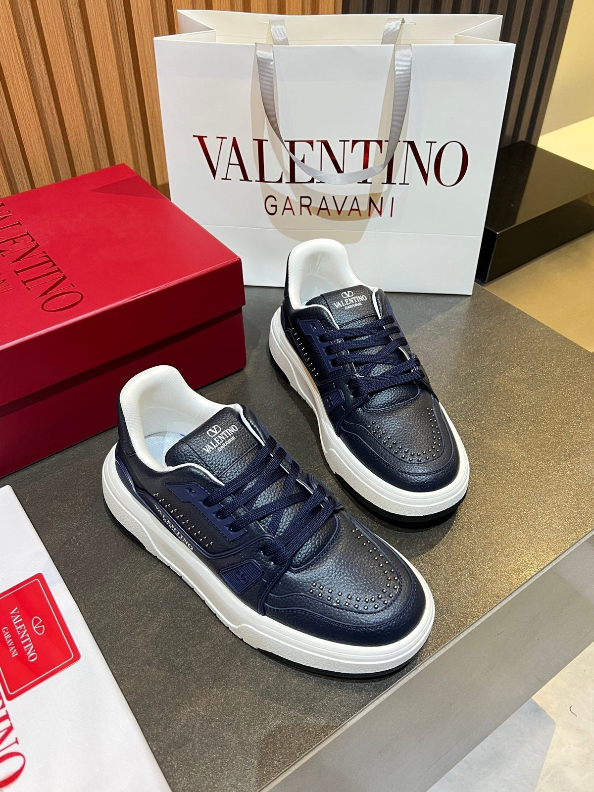 VT 26s Upvillage Trainers Navy Blue White Leather Studded 105517