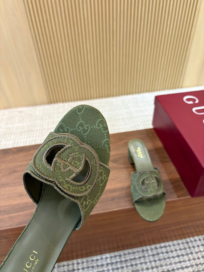 GG Interlocking G Cutout Sandals 5.5cm Olive Green Canvas 646505