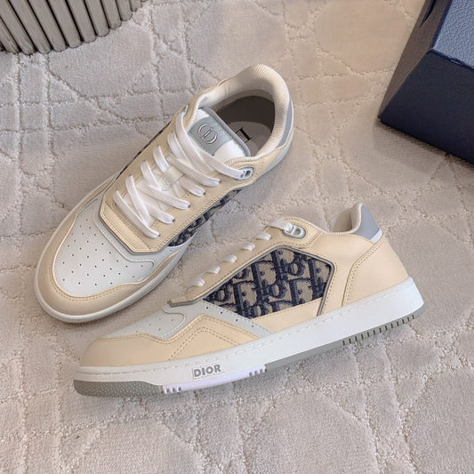 CD B27 Low-Top Sneaker White Beige Mix Charcoal Blue Print Calfskin And Oblique Jacquard