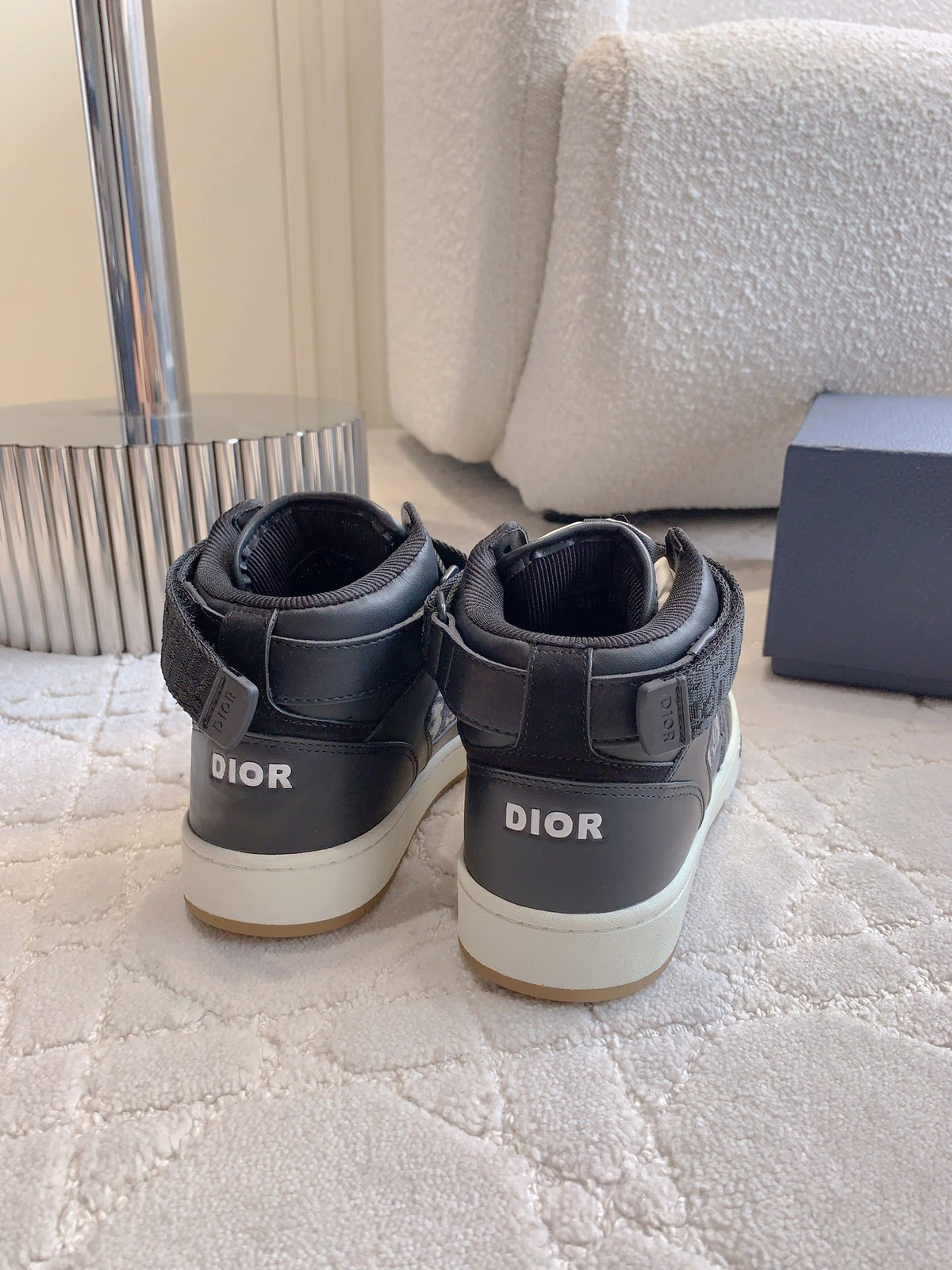 CD B27 High-Top Sneaker Black Charcoal Blue Print Calfskin And Oblique Jacquard Fabric