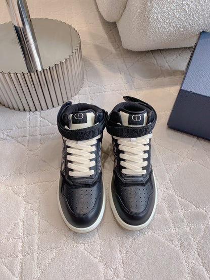 CD B27 High-Top Sneaker Black Charcoal Blue Print Calfskin And Oblique Jacquard Fabric