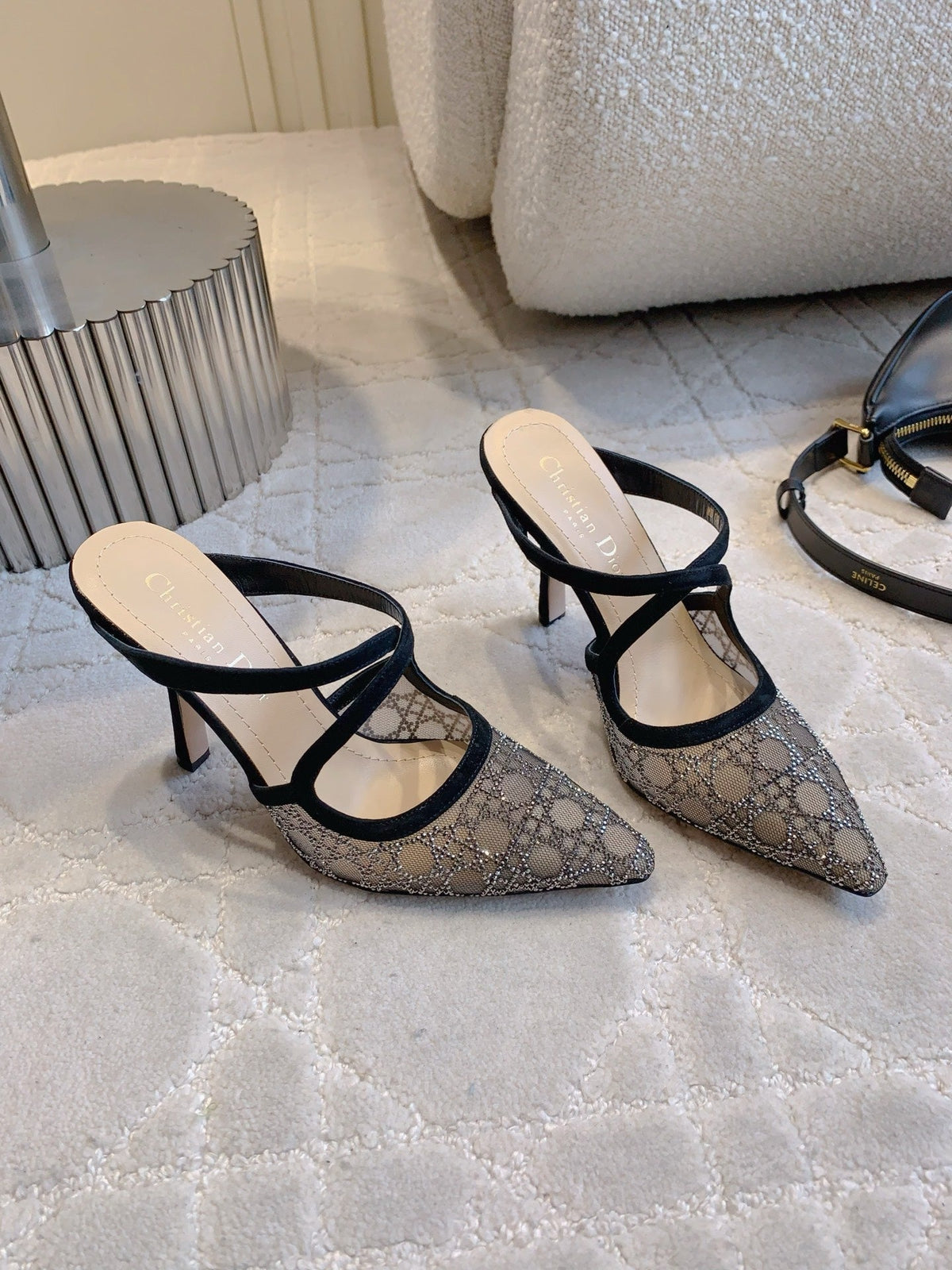 CD Capture Heeled Mule 10cm Black Suede Mesh 615464