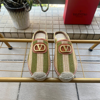 VLogo Signature Striped Espadrille Mules Beige Green Raffia